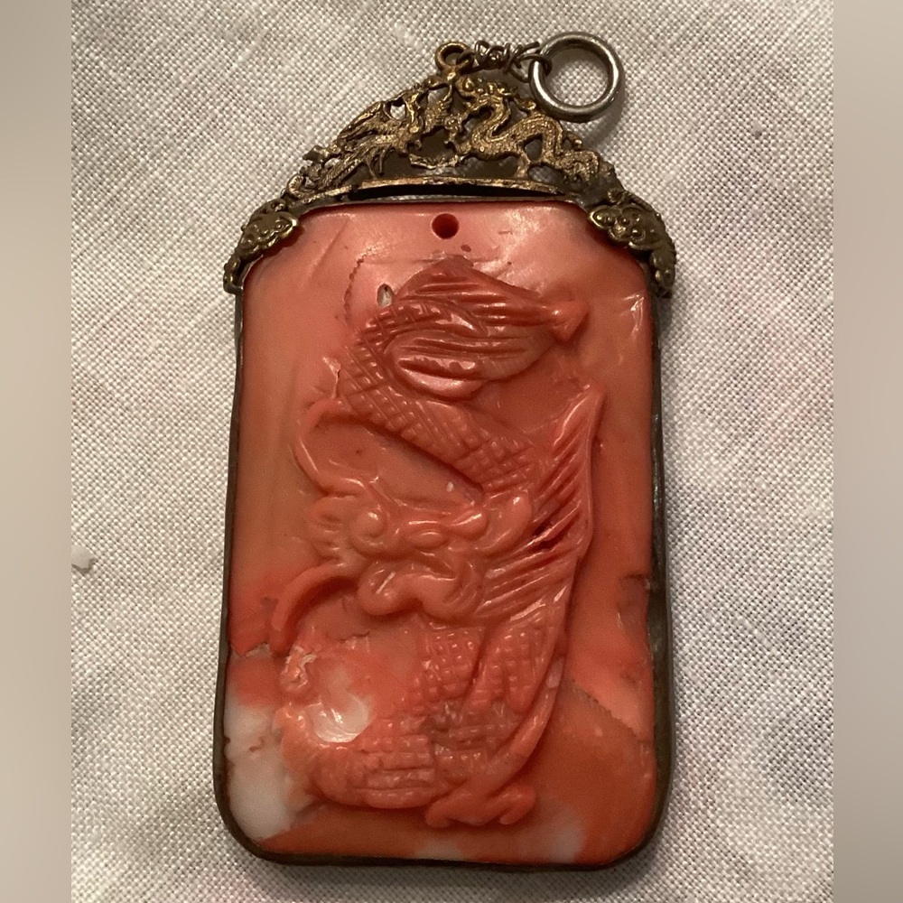 Antique Unique Asian Pink Coral Dragon Pendant
